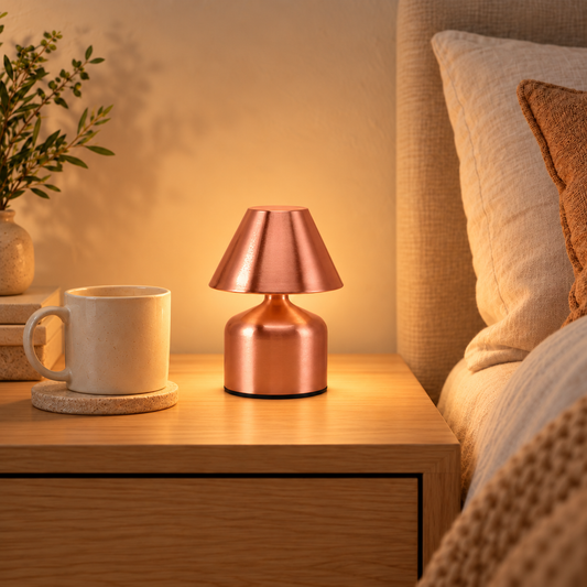 Elara 15 cm Rose Gold table lamp beside a 9 cm ivory mug