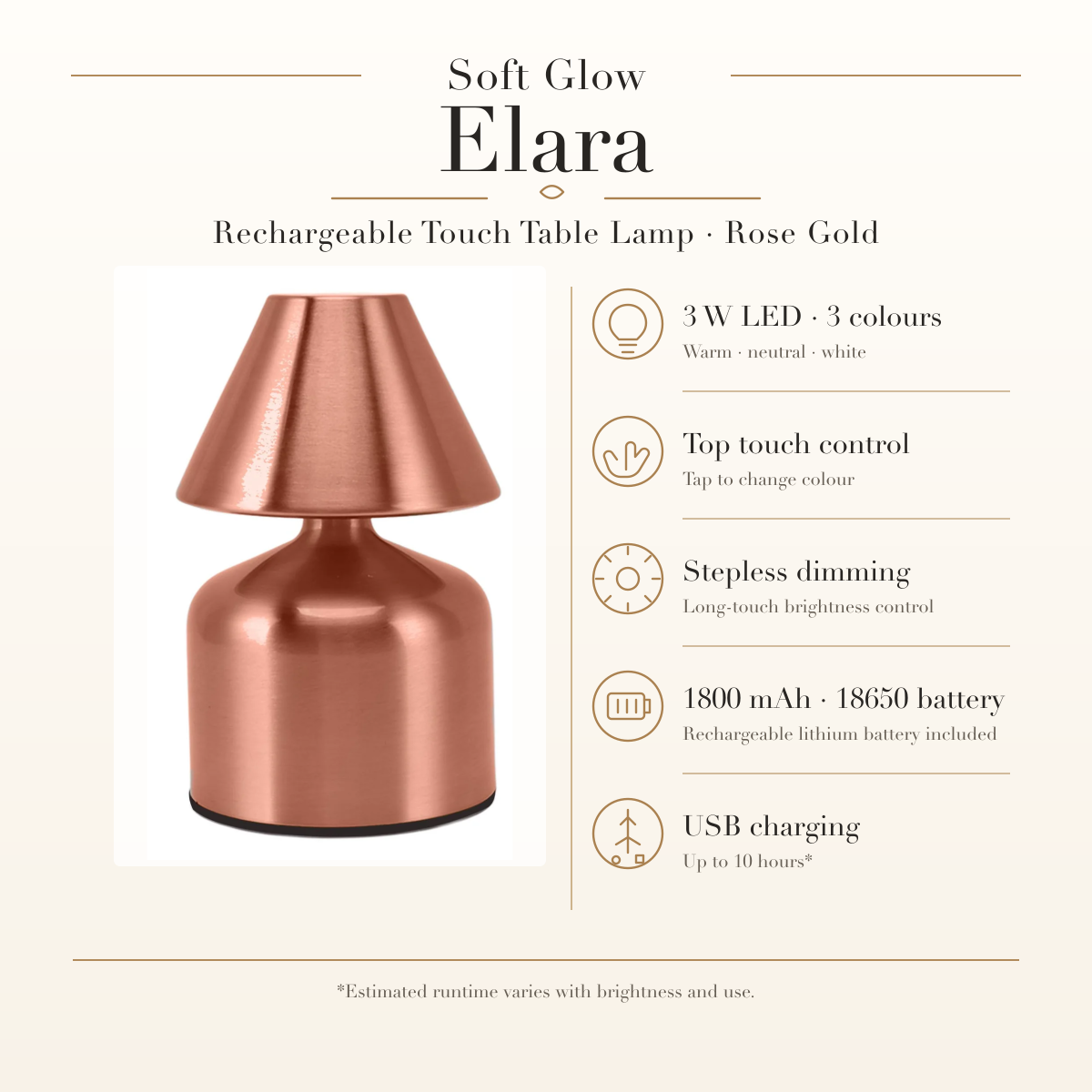 Elara Rechargeable Touch Table Lamp in Rose Gold, three light colours, touch dimming, rechargeable battery and USB charging