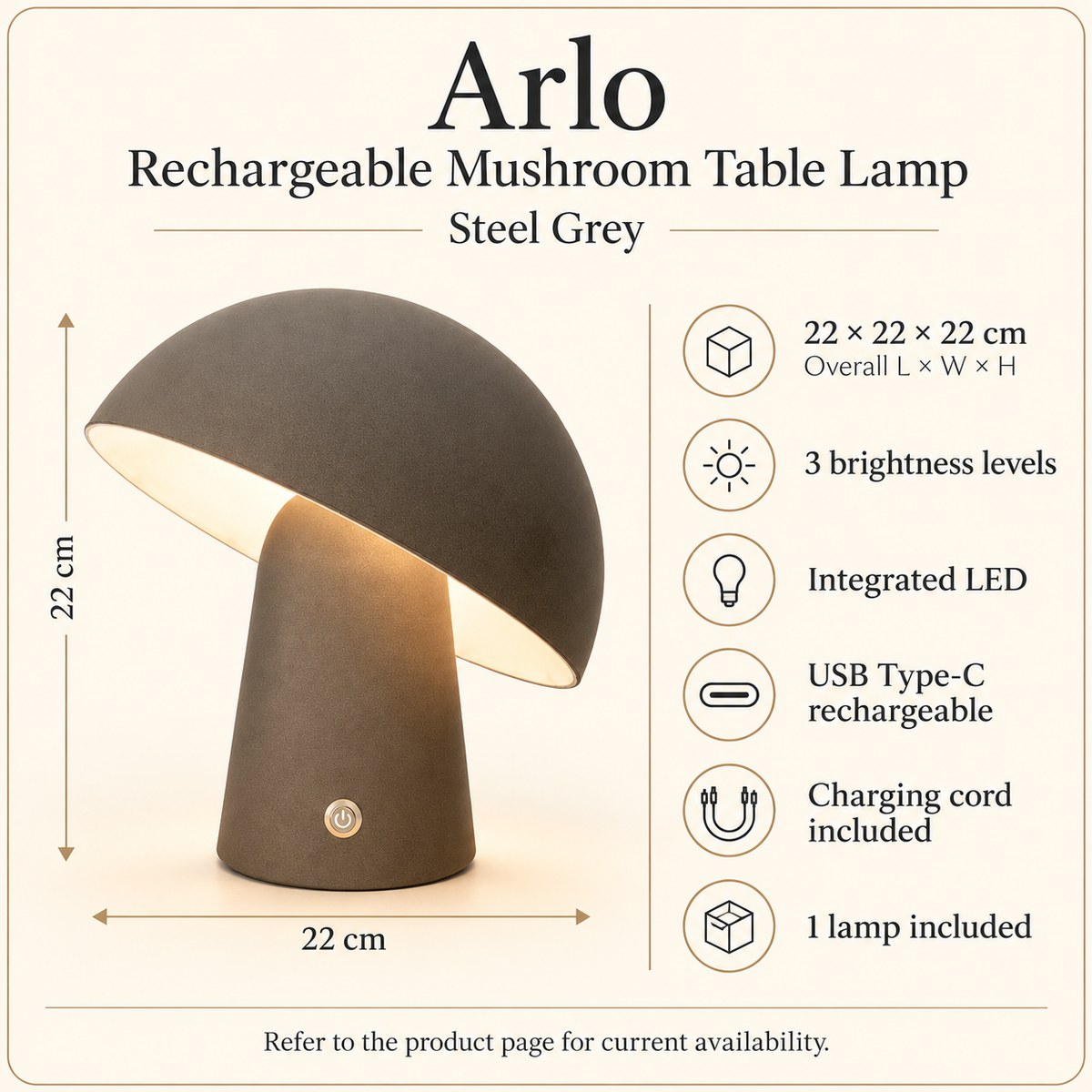 Arlo specifications: 22 by 22 by 22 cm, three brightness levels, integrated LED, USB Type-C rechargeable and charging cord included