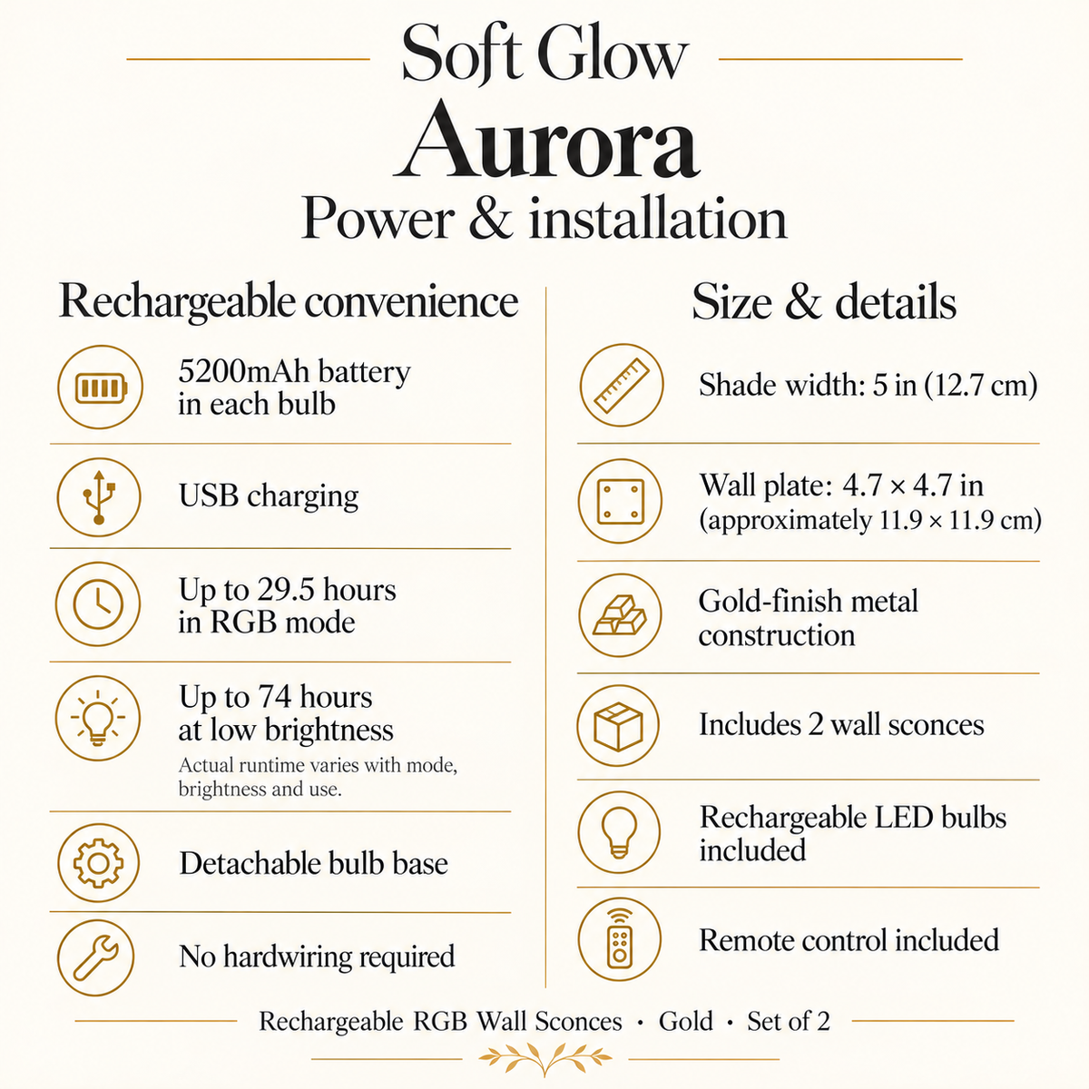 Aurora gold rechargeable RGB wall sconces — power installation