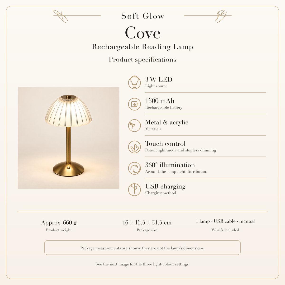 Cove Rechargeable Reading Lamp specifications: 3 W LED, 1500 mAh battery, touch control, 360-degree illumination, USB charging, weight, package size and included cable