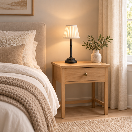 Elodie black and white rechargeable table lamp on a bedside table