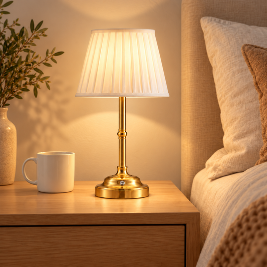 Elodie Gold & White rechargeable table lamp at realistic scale beside a ceramic cup