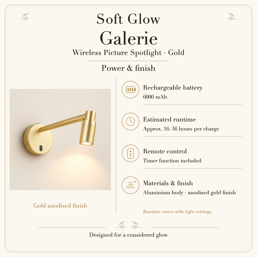 Galerie Wireless Picture Spotlight battery, approximate runtime, remote timer and anodised gold finish.