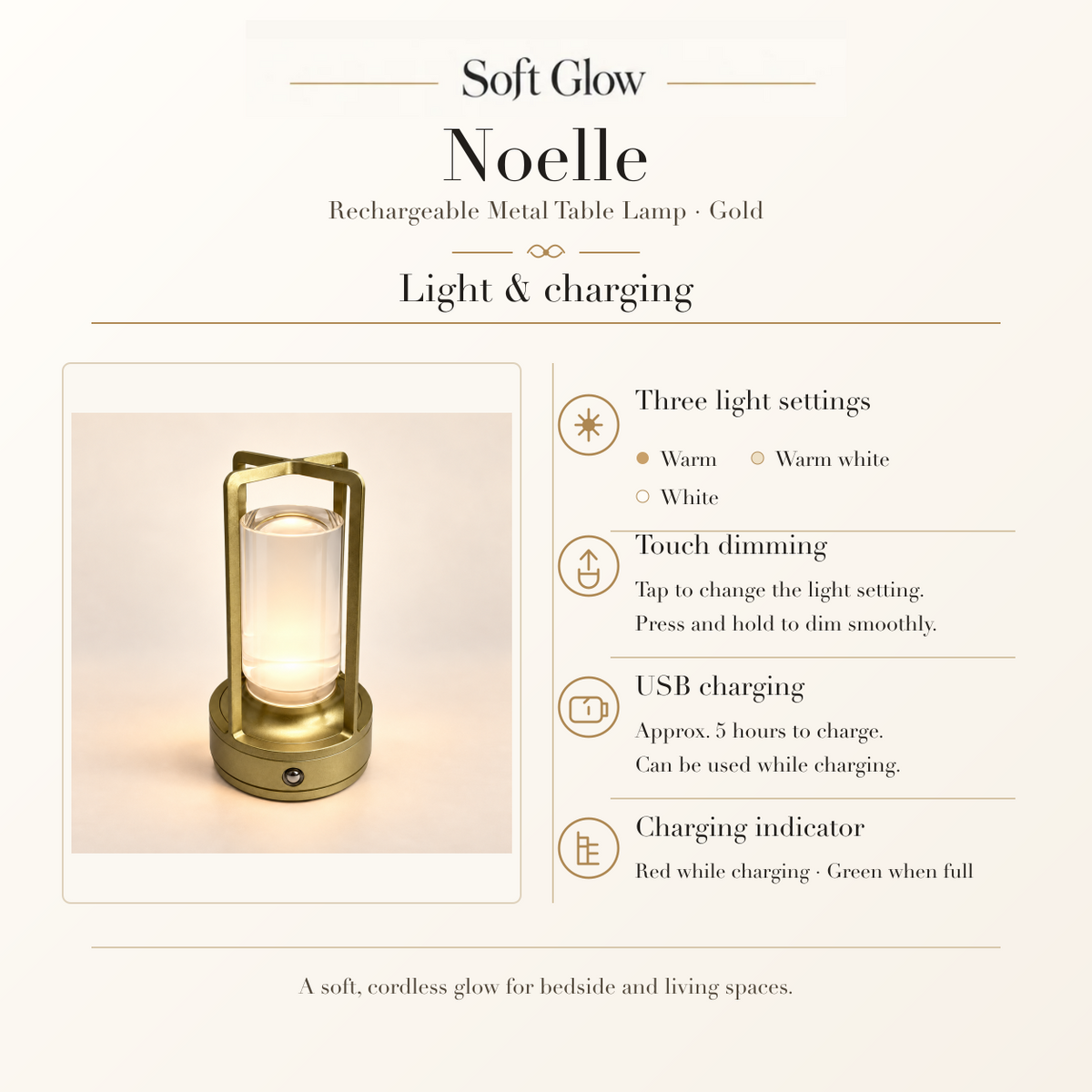 Noelle gold table lamp lighting settings, touch dimming and charging details.