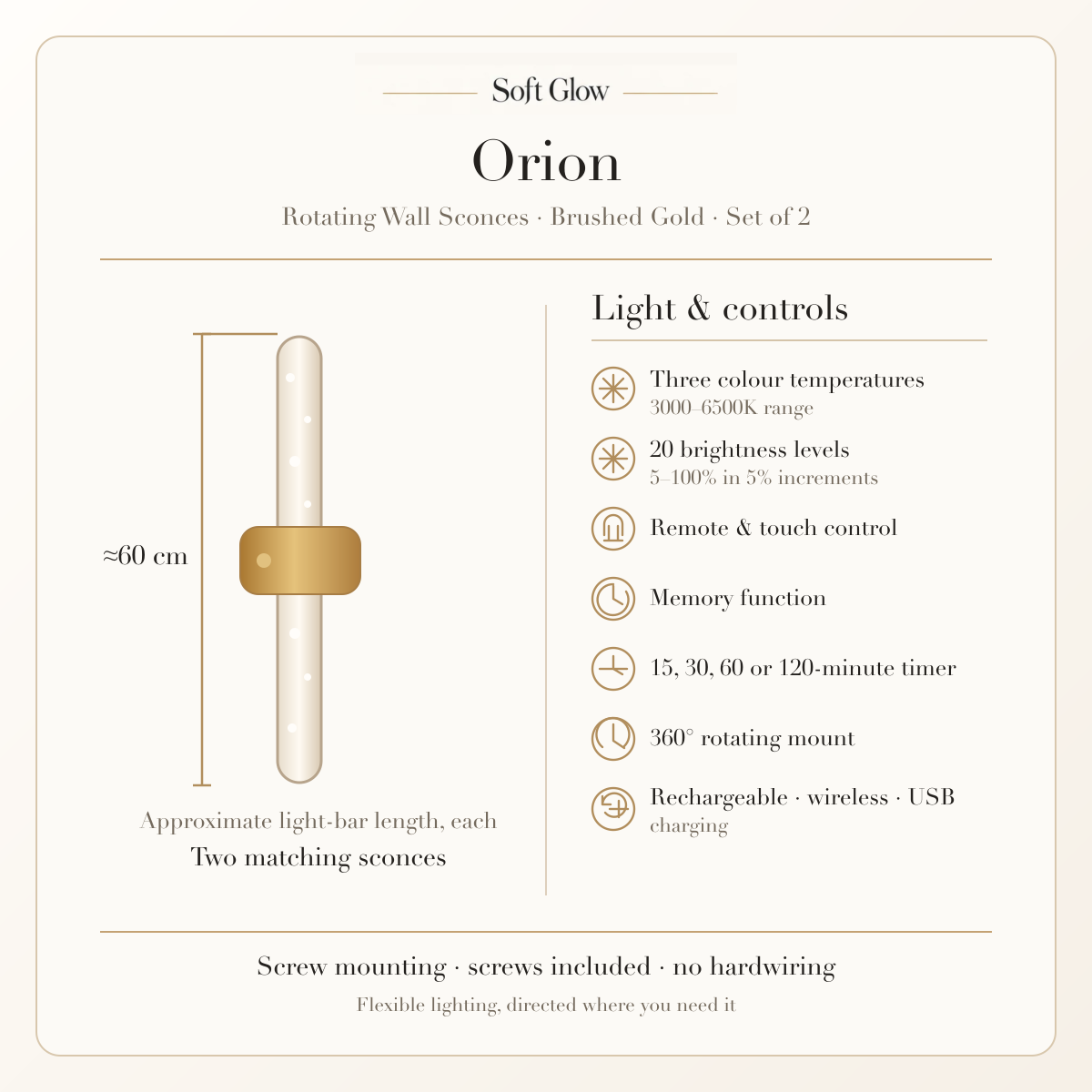 Orion gold wall sconces dimensions, lighting and control specifications