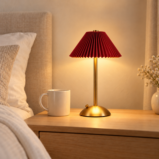 Poppy 30 cm red rechargeable table lamp beside a 9 cm ivory mug