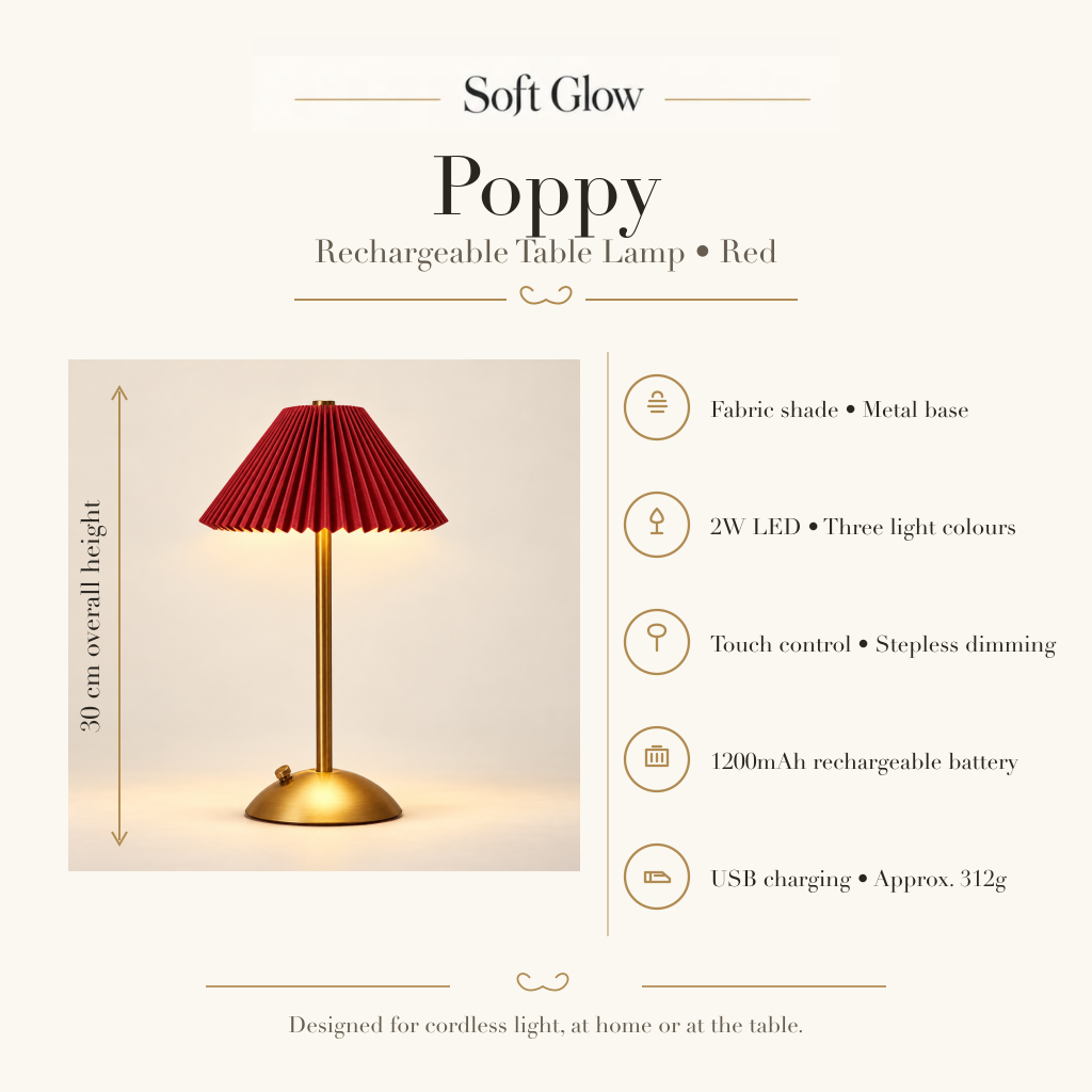 Poppy rechargeable red table lamp specifications: 30 cm overall height, materials, light settings, control and USB charging