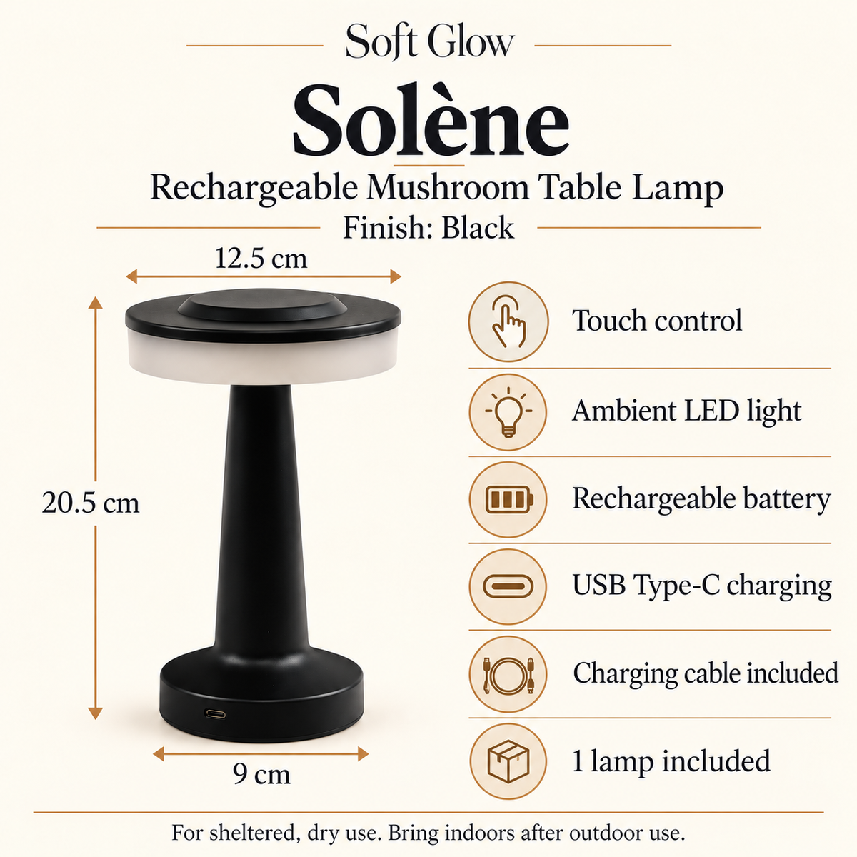Solène black mushroom table lamp dimensions, touch control, rechargeable battery and USB-C charging