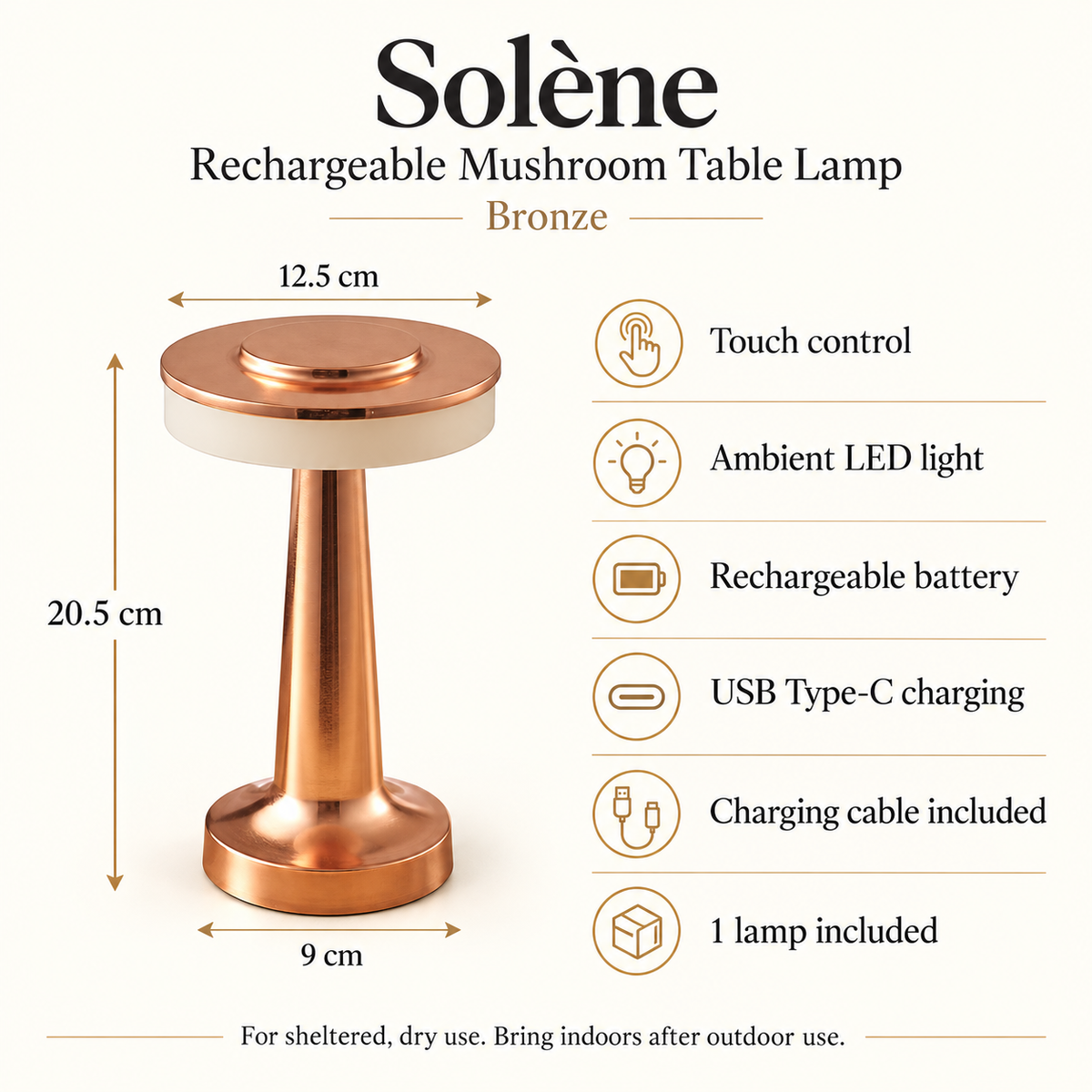 Solène Bronze specifications: 20.5 cm high, 12.5 cm top, 9 cm base, touch control, ambient LED and USB Type-C charging