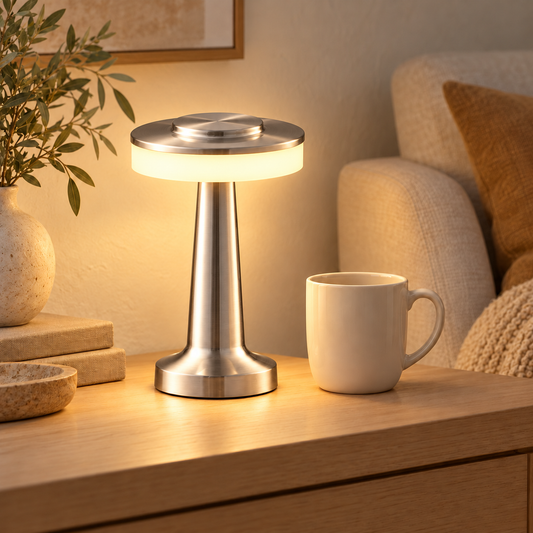 Solène Silver rechargeable mushroom lamp beside an ivory mug in a warm neutral living room