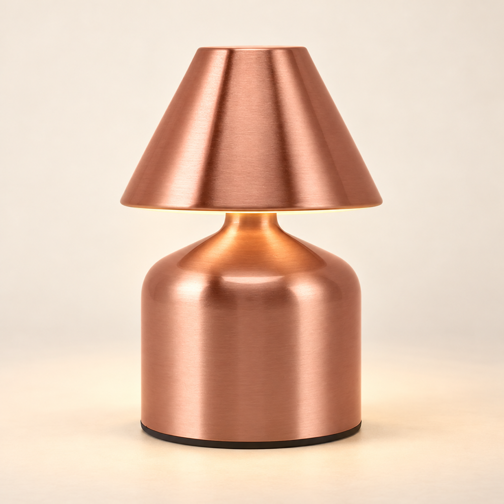Elara Rechargeable Touch Table Lamp in Rose Gold on a warm ivory studio background