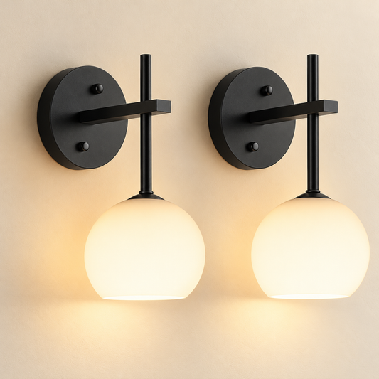 Lucia black wireless wall sconces with frosted glass shades, set of two, studio image