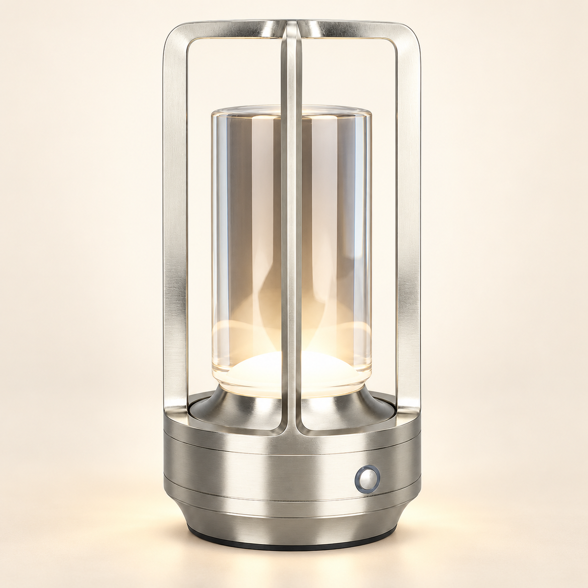 Lumi rechargeable touch table lamp in silver on an ivory studio background