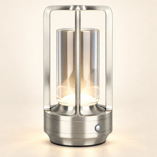 Lumi rechargeable touch table lamp in silver on an ivory studio background