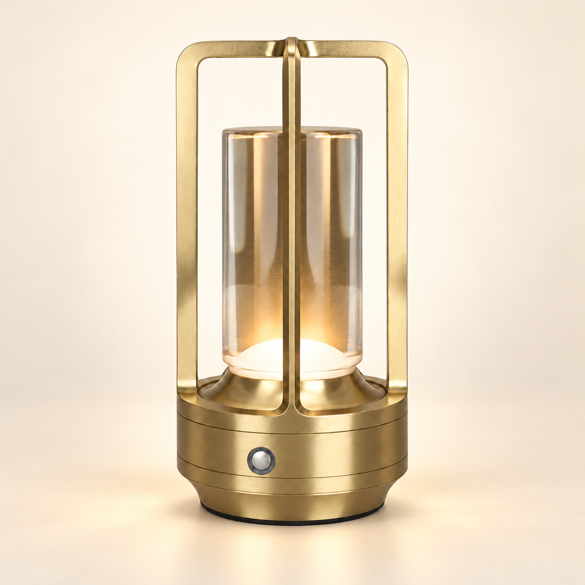 Lumi rechargeable touch table lamp in gold on a warm ivory studio background