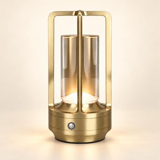 Lumi rechargeable touch table lamp in gold on a warm ivory studio background