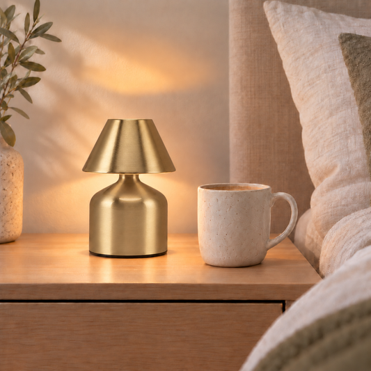 Elara brushed gold rechargeable table lamp shown at true scale in a warm bedside setting