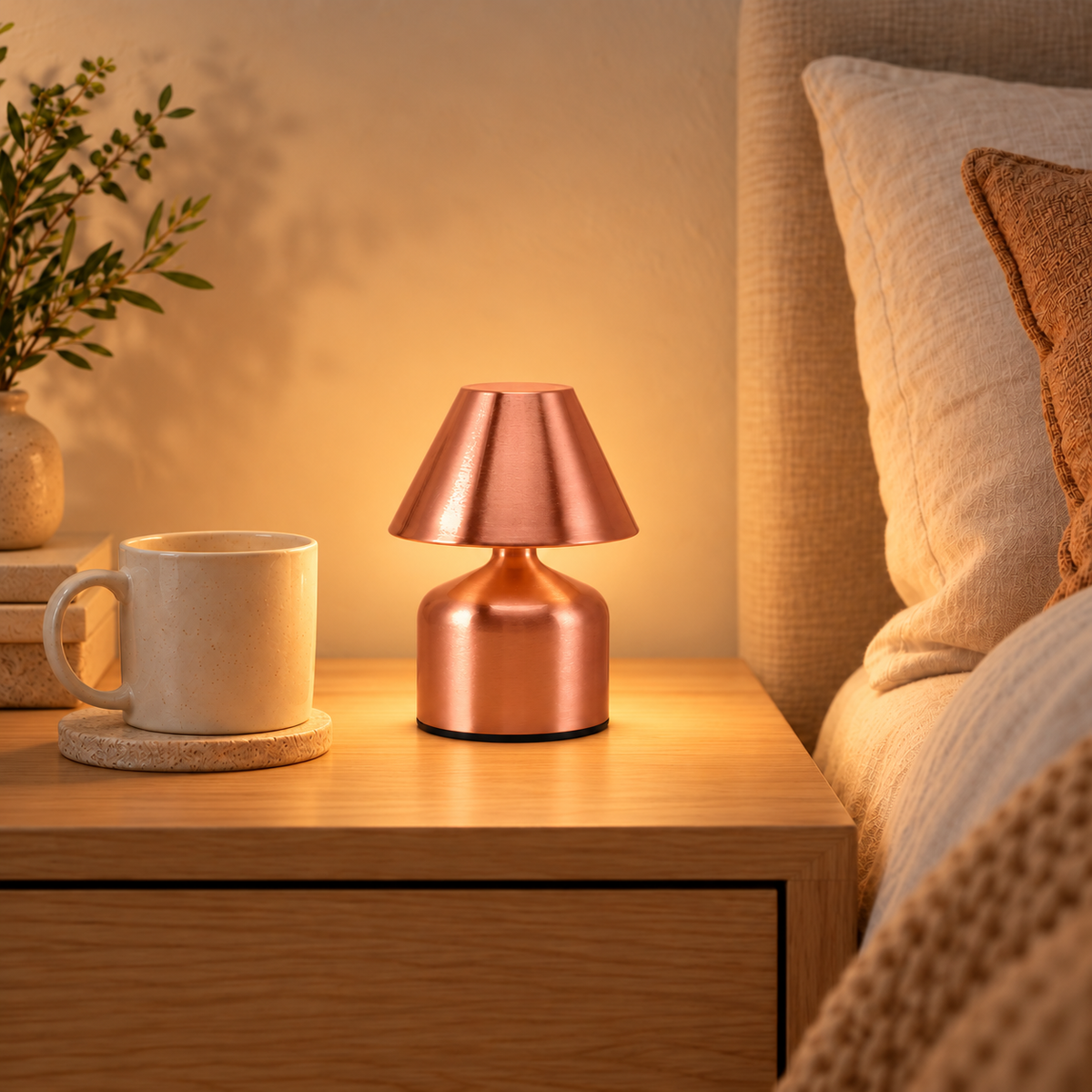 Elara 15 cm Rose Gold table lamp beside a 9 cm ivory mug