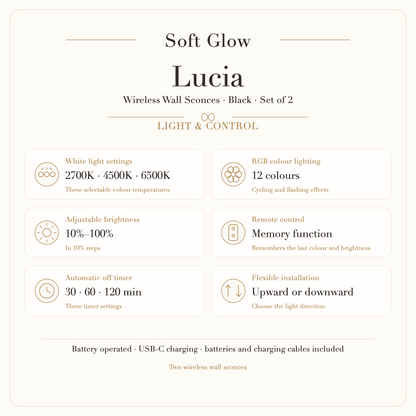Lucia black wall sconces light settings, RGB colours, dimming, remote, timer and charging
