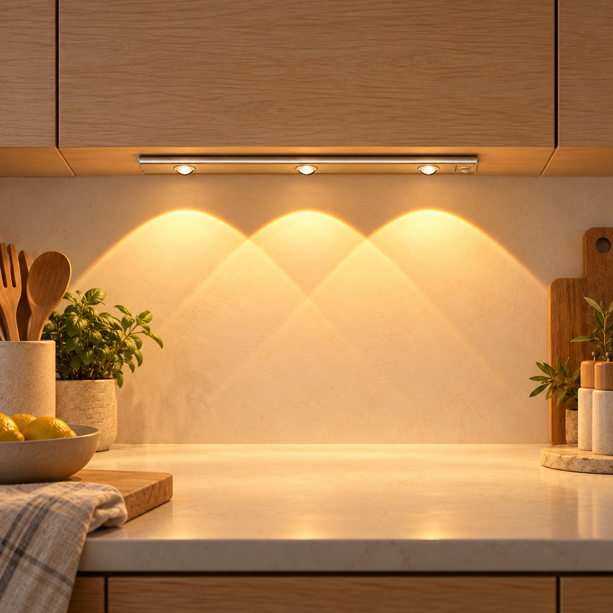 Luma 40 cm rechargeable motion sensor light installed beneath a kitchen cabinet