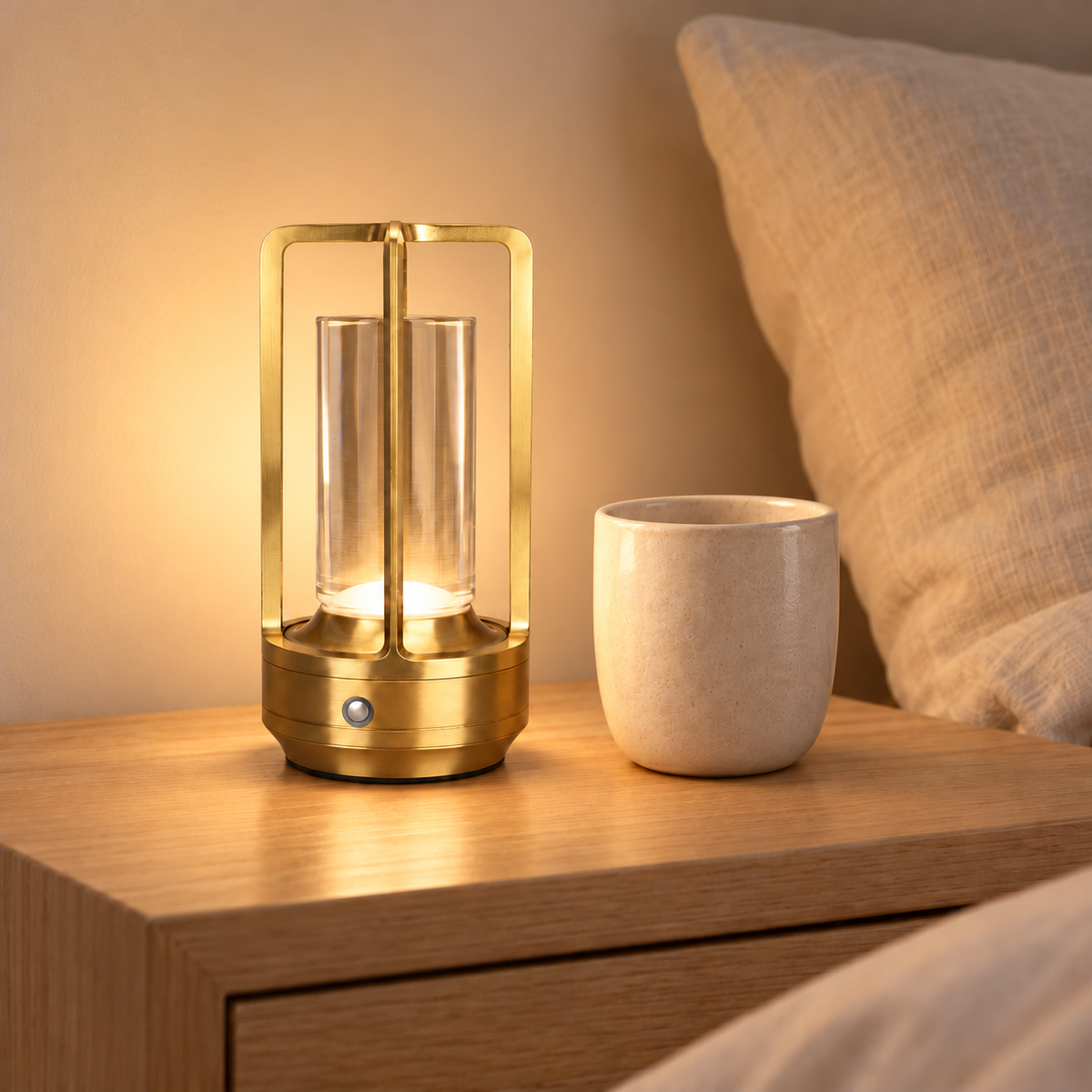 Lumi gold rechargeable table lamp beside a cup on a bedside table, shown at realistic scale
