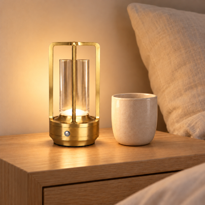 Lumi gold rechargeable table lamp beside a cup on a bedside table, shown at realistic scale