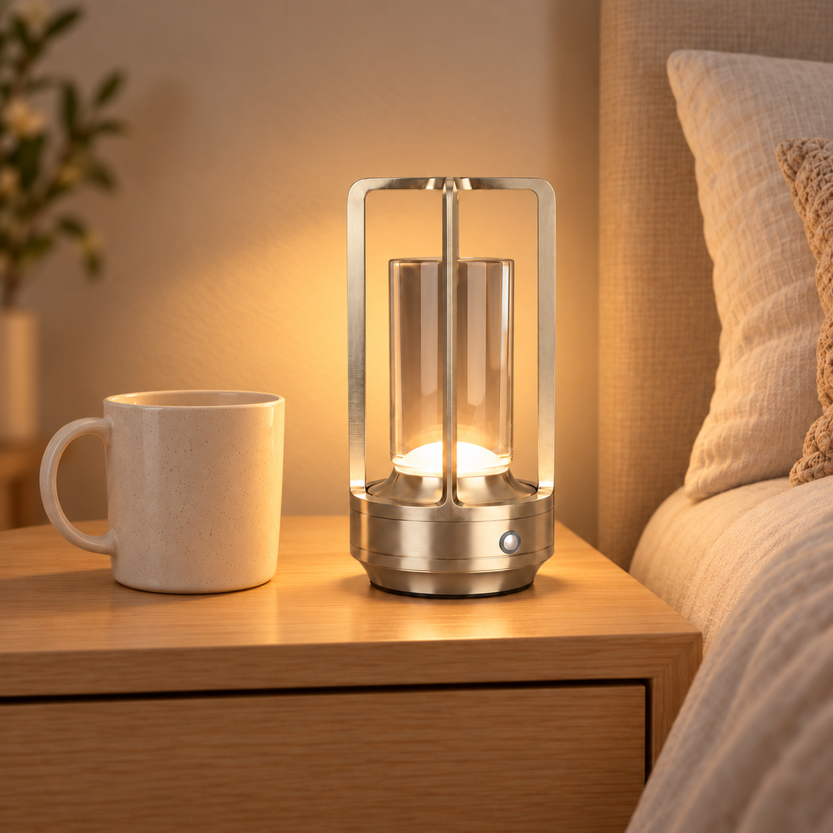 Lumi silver rechargeable table lamp beside a ceramic cup at realistic scale