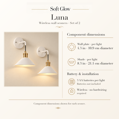 Luna white wall sconces, component dimensions and battery details