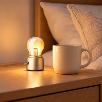Luna Gold rechargeable night light on a bedside table