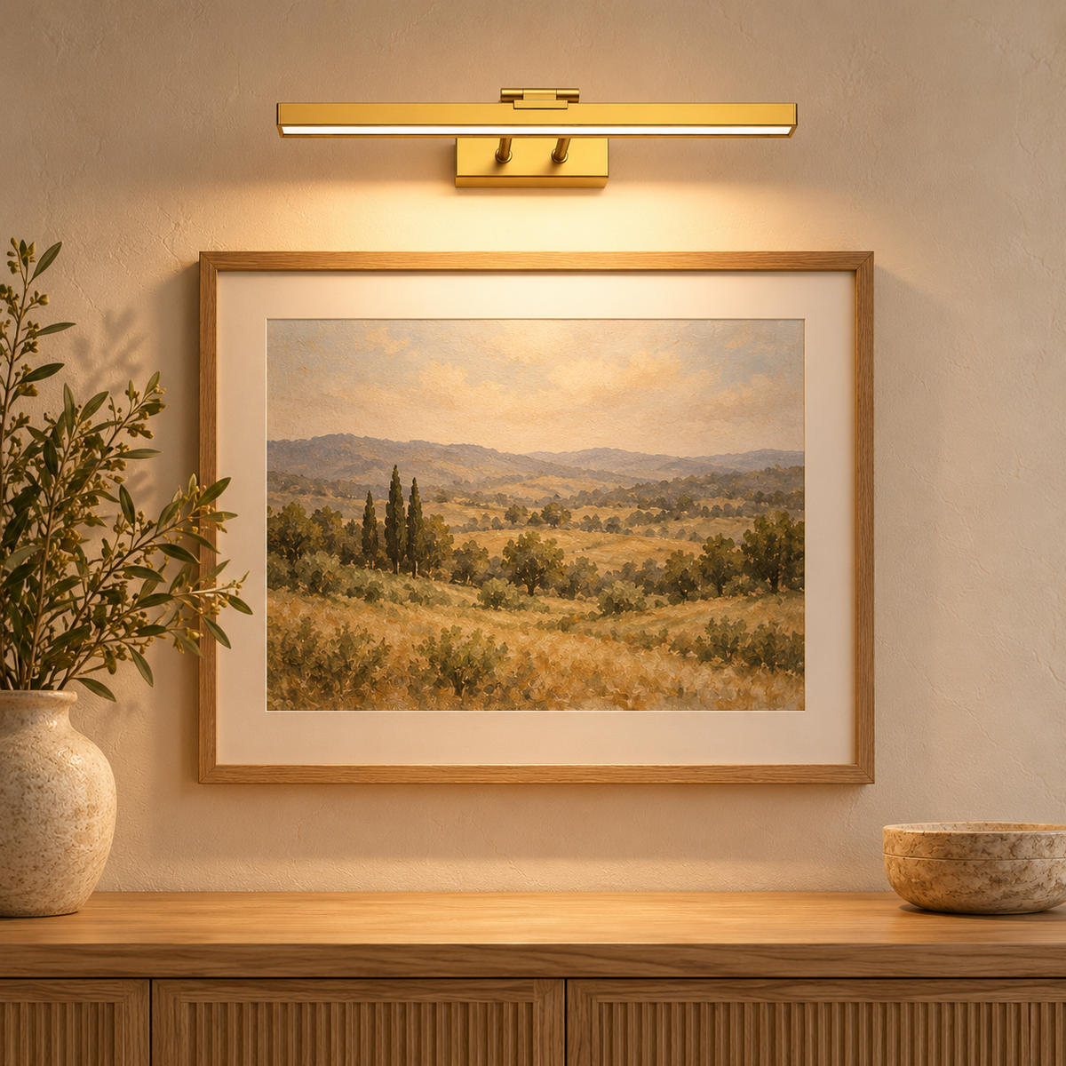 Maribel rechargeable picture light illuminating framed artwork in a warm neutral entryway