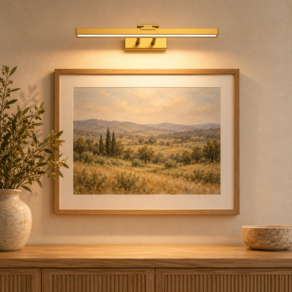 Maribel rechargeable picture light illuminating framed artwork in a warm neutral entryway