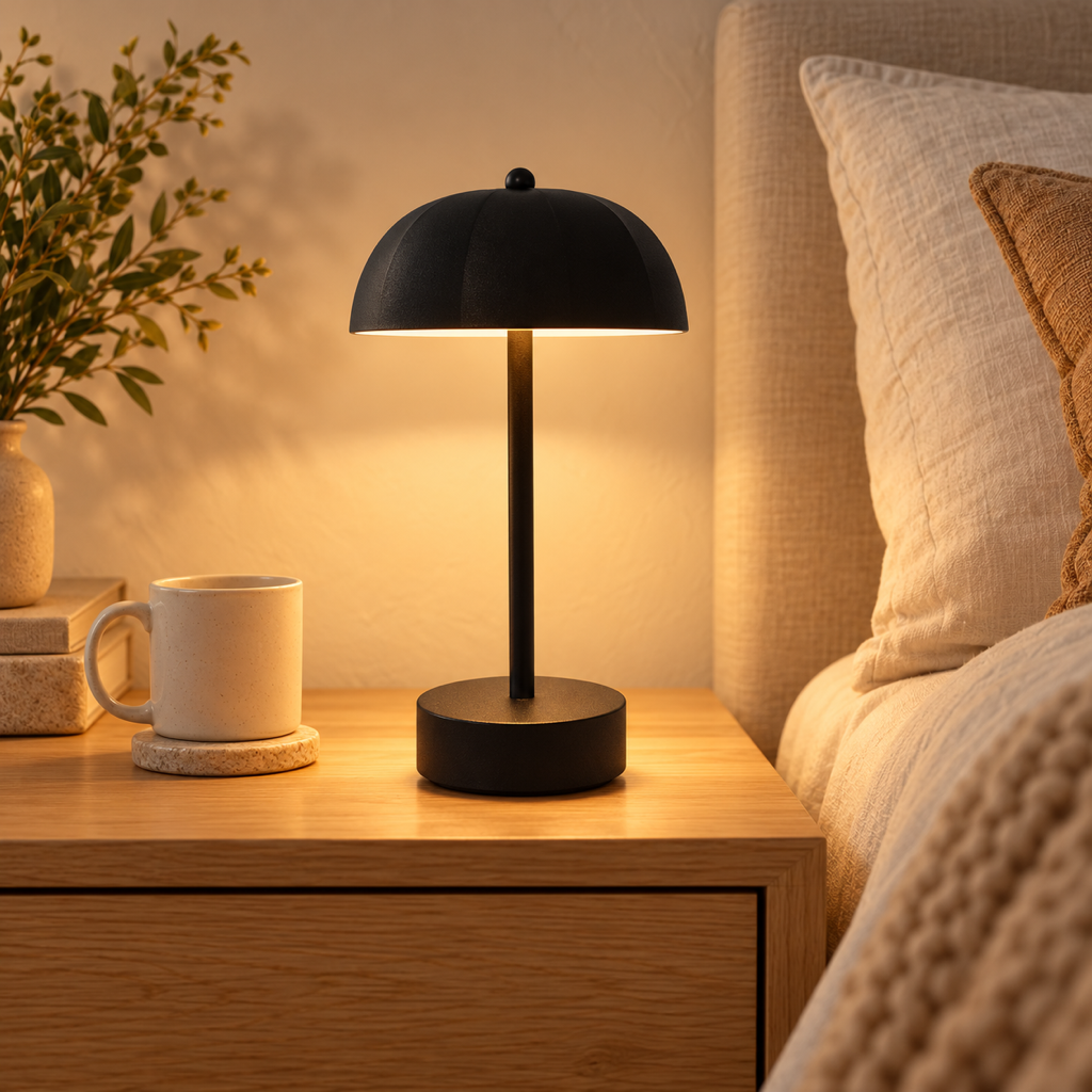 Milo black rechargeable mushroom table lamp on a bedside table in a warm neutral bedroom.