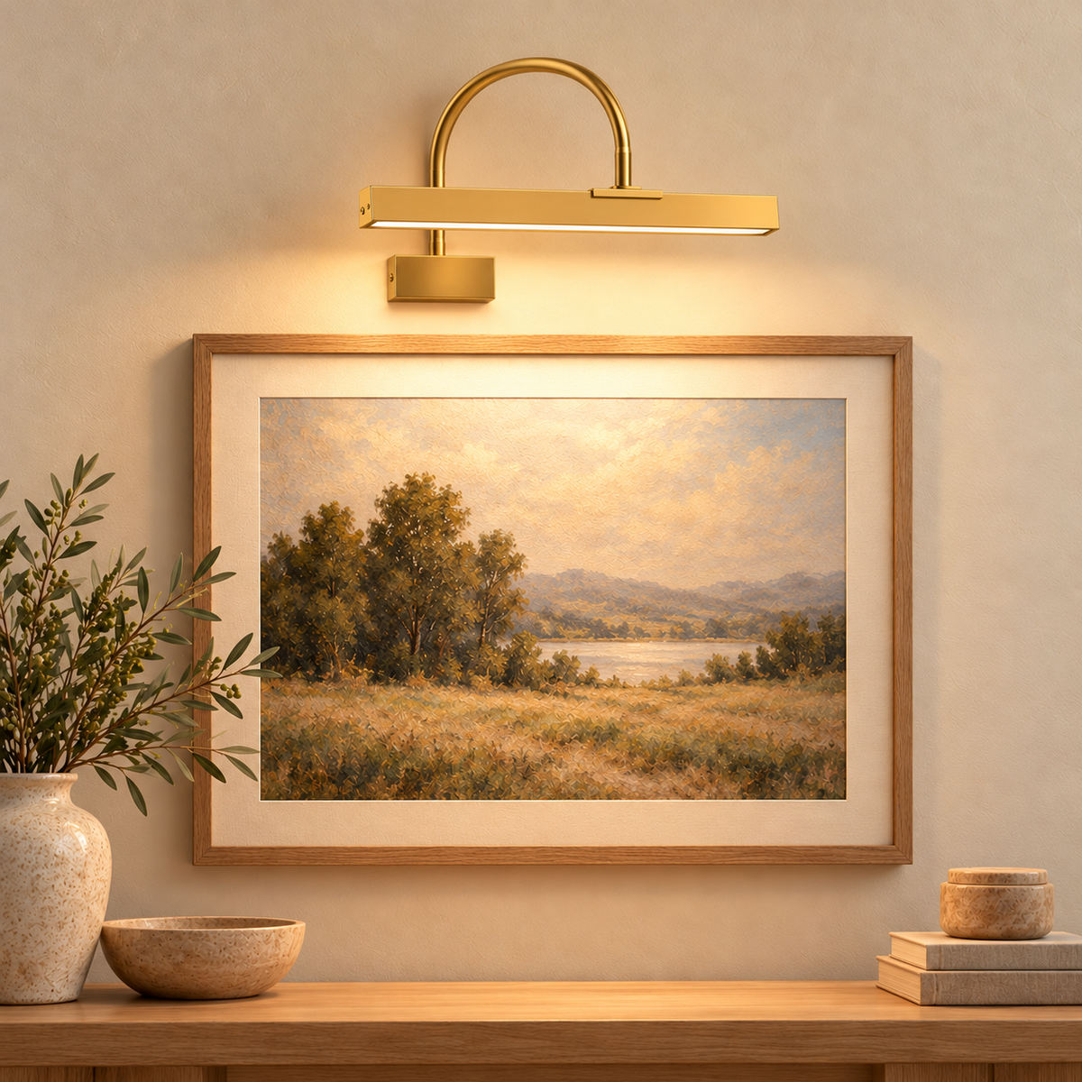 Monet picture light illuminating artwork above an entryway console