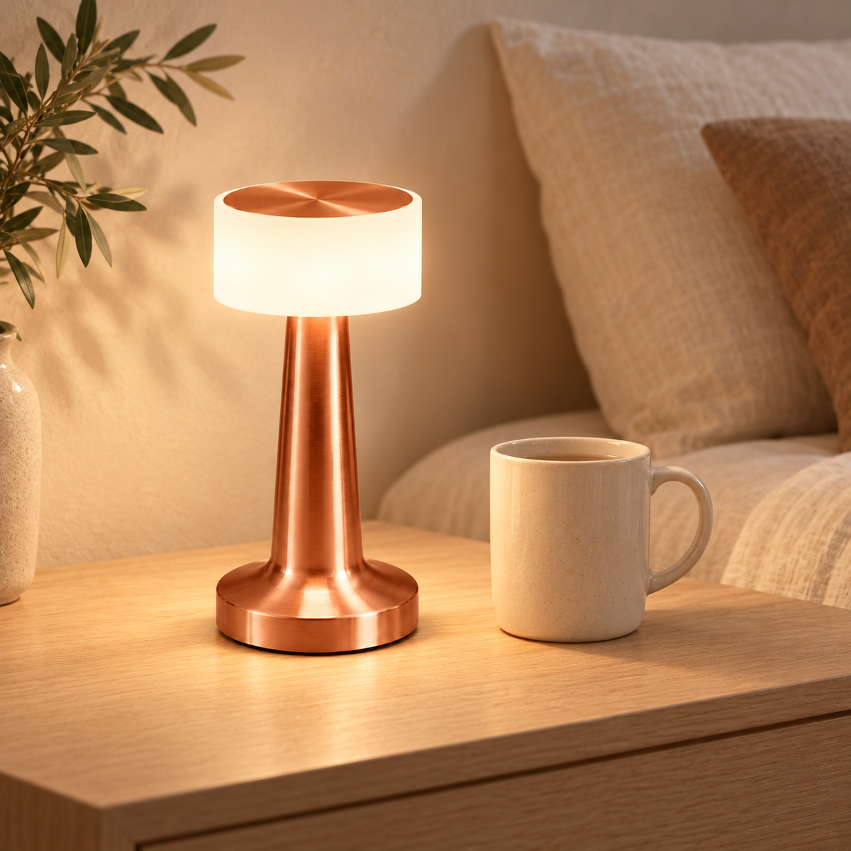 Solène Copper table lamp shown beside a mug at verified scale