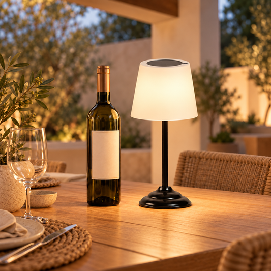 Solis 31 cm rechargeable solar table lamp beside a wine bottle on a covered outdoor table