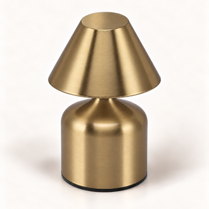 Elara rechargeable touch table lamp in brushed gold, elevated angle showing the top