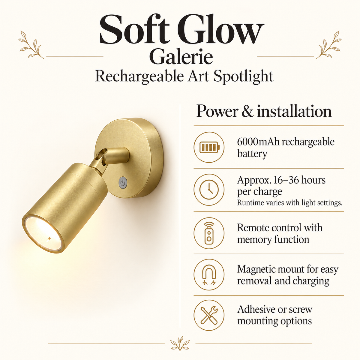 Galerie – battery and installation specifications