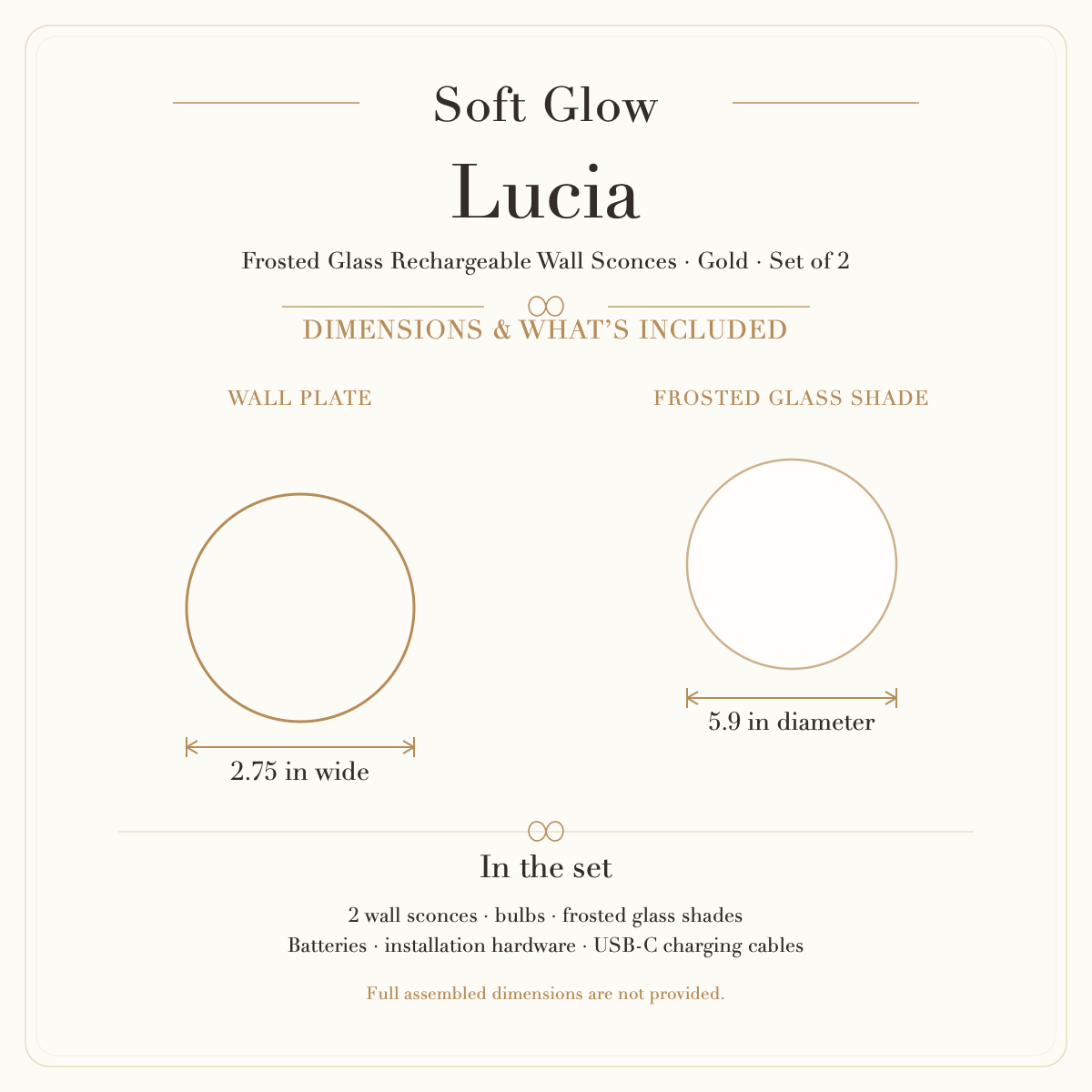 Lucia wall sconces component dimensions and included items