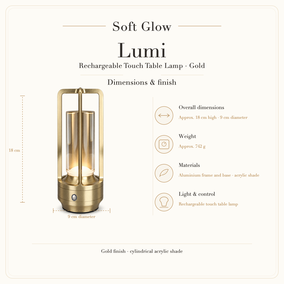 Lumi gold table lamp dimensions and finish: approximately 18 cm high and 9 cm diameter