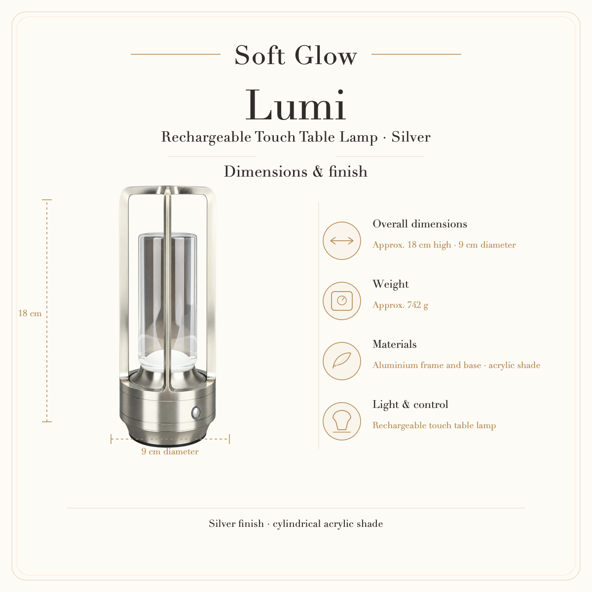 Lumi silver table lamp dimensions and finish: approximately 18 cm high and 9 cm diameter