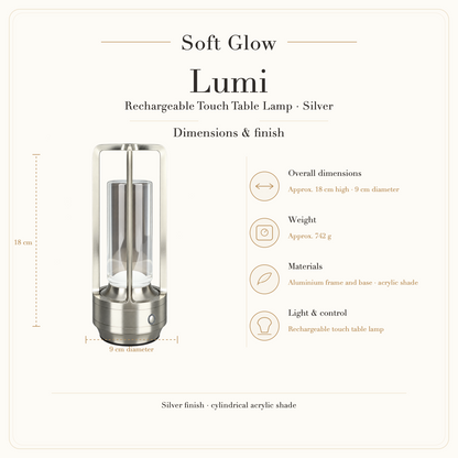 Lumi silver table lamp dimensions and finish: approximately 18 cm high and 9 cm diameter