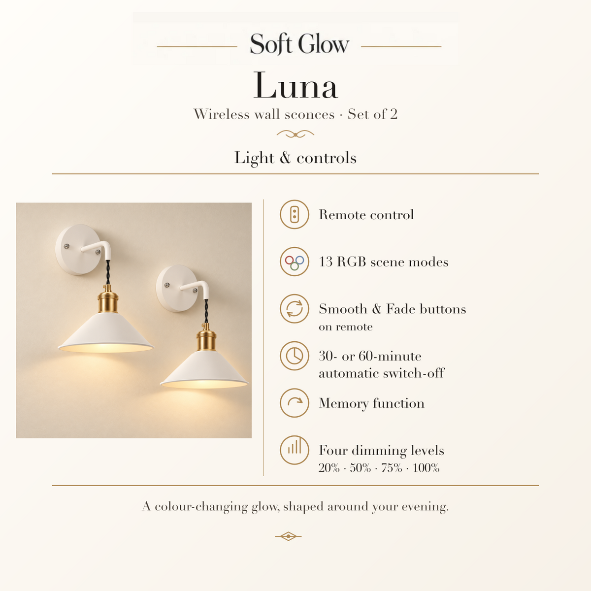 Luna white wall sconces, RGB lighting modes and remote controls