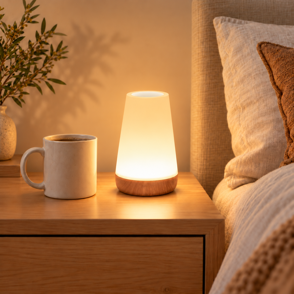 Mira lamp beside a ceramic mug on an oak bedside table, shown to scale