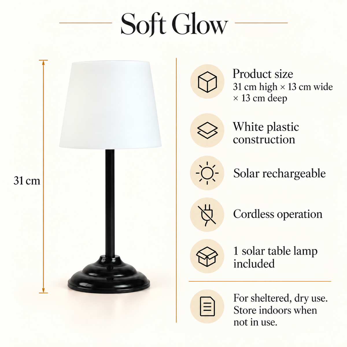 Solis lamp dimensions, materials, solar power and sheltered dry-use guidance