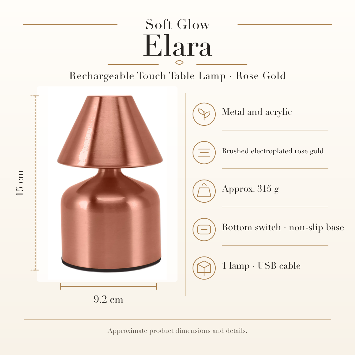 Elara Rechargeable Touch Table Lamp in Rose Gold, approximate dimensions and details