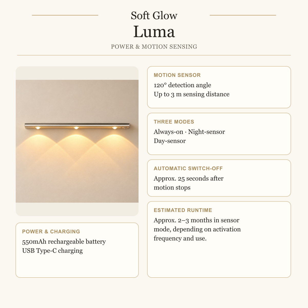 Luma battery, charging, motion sensing modes and estimated runtime