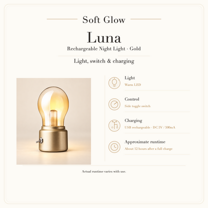 Luna Gold warm LED, side toggle switch and charging details