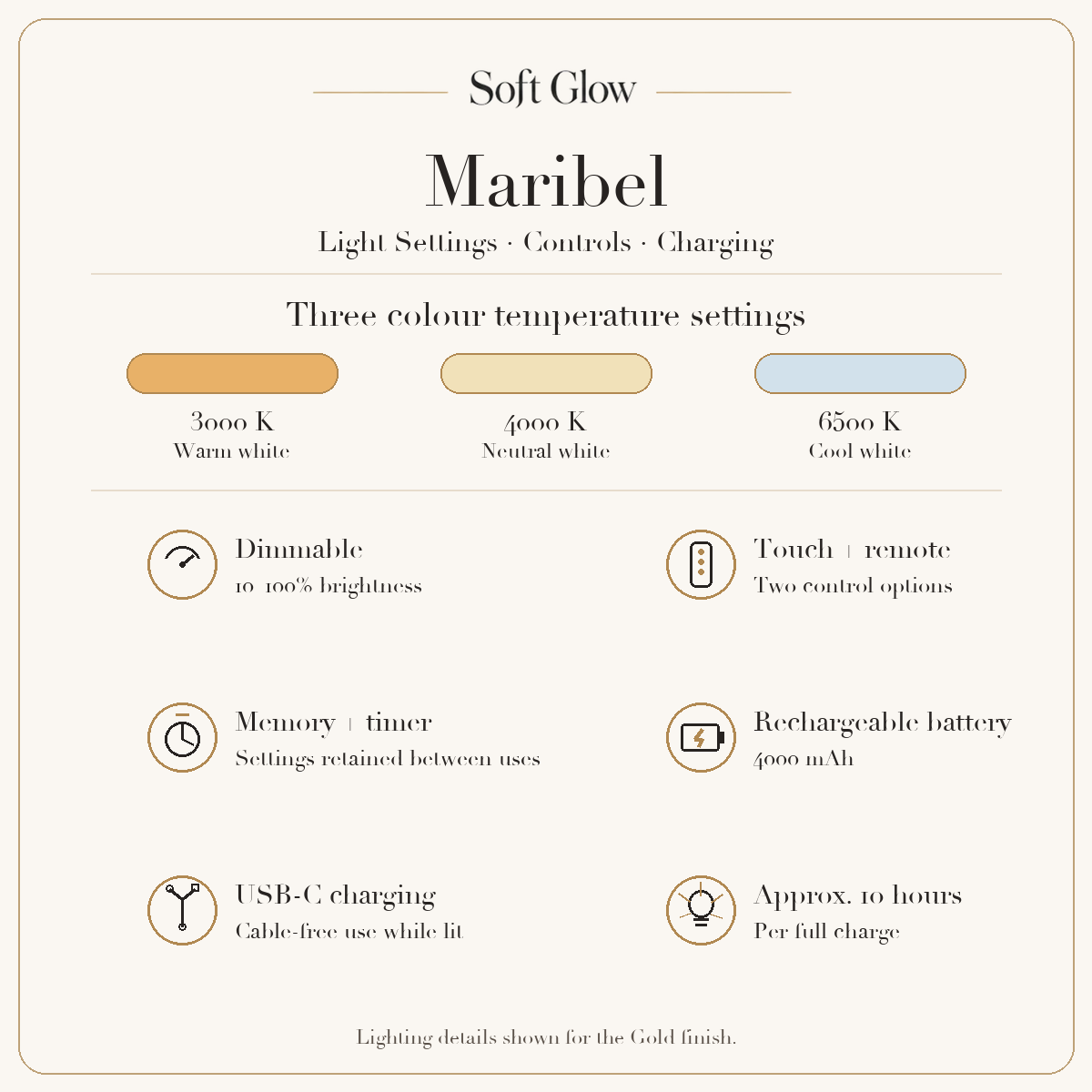 Maribel rechargeable picture light colour temperatures, controls and charging specifications