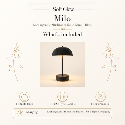 Milo black rechargeable mushroom table lamp set includes one lamp, one USB Type-C cable and one user manual; rechargeable lithium-ion battery with USB Type-C charging.